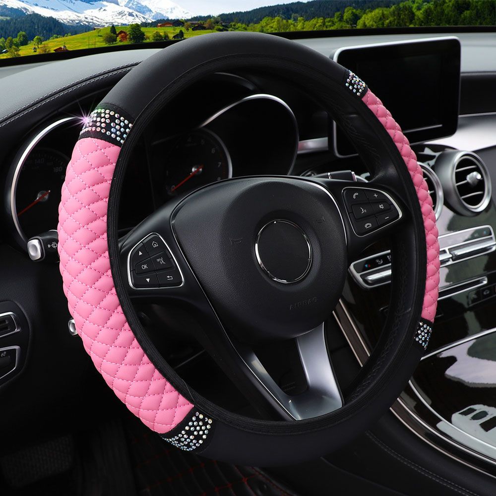 Car Pu Leather Steering Wheel Cover, 14.57-14.96inch Artificial Diamond, Steering Wheel Cover