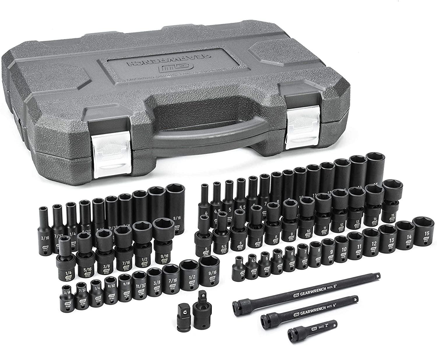 71Pc. 1/4" Drive 6 Pt. Universal Impact Socket Set, Standard & Deep, SAE/Metric