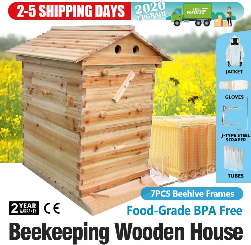 Yolpoco 7Pcs Auto Beehive Frame Comb, Automatic Wooden bee hive House kit，Auto Honey Hive Beehive Frames + Beekeeping Wooden House Beehive Boxes-Food Grade BPA