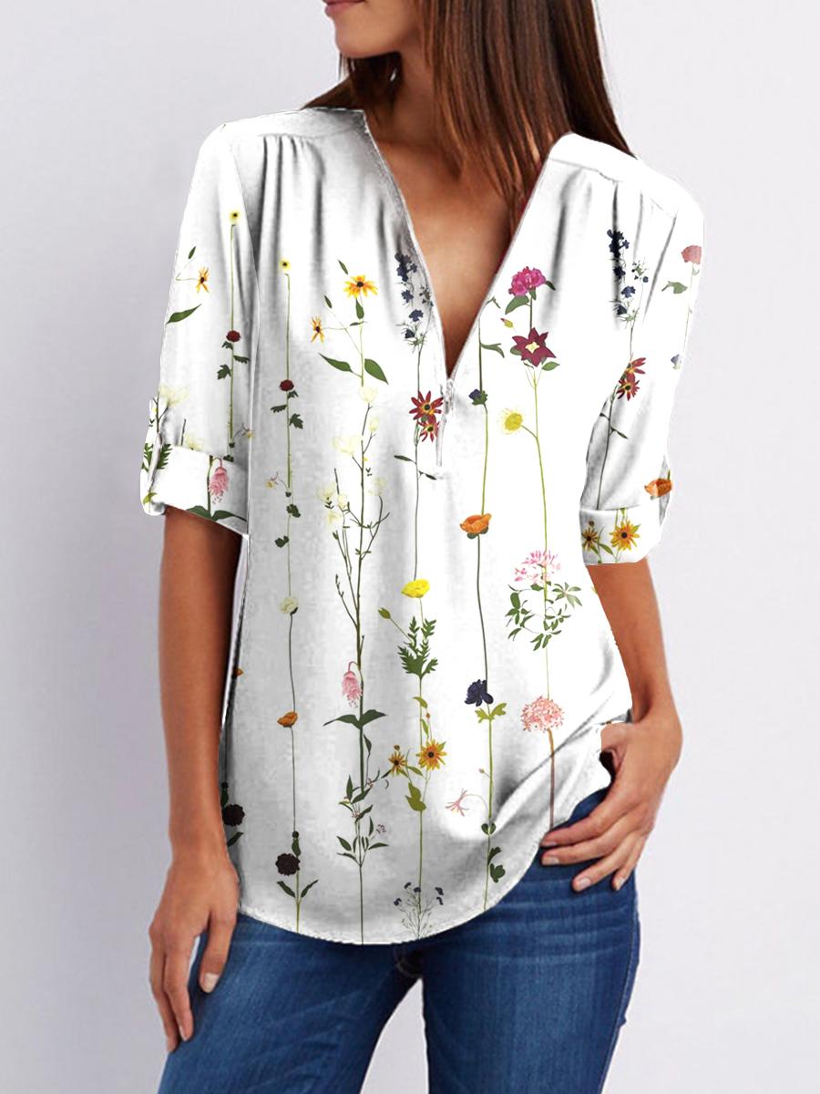 Fashion V-neck Long-sleeved Floral Printed Shirt