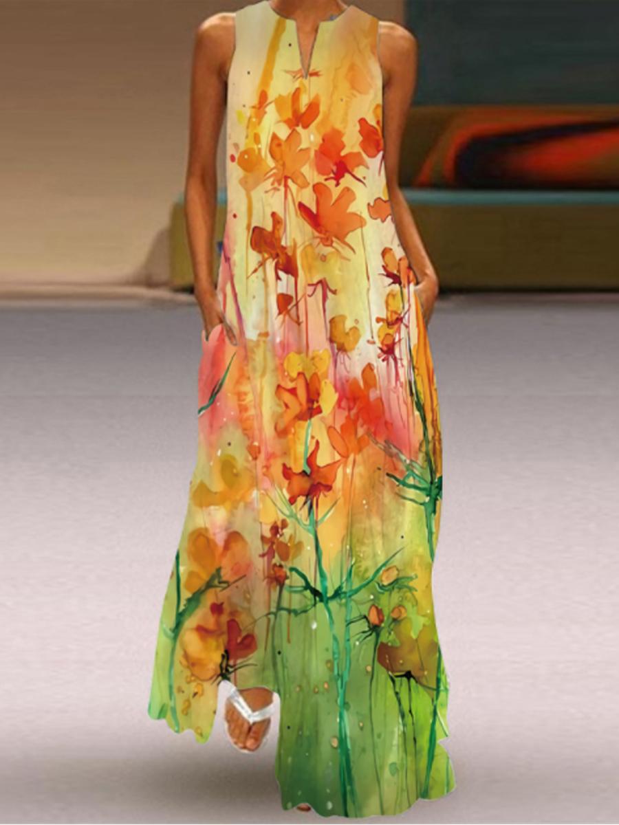 Ladies V-neck Floral Print Maxi Dress