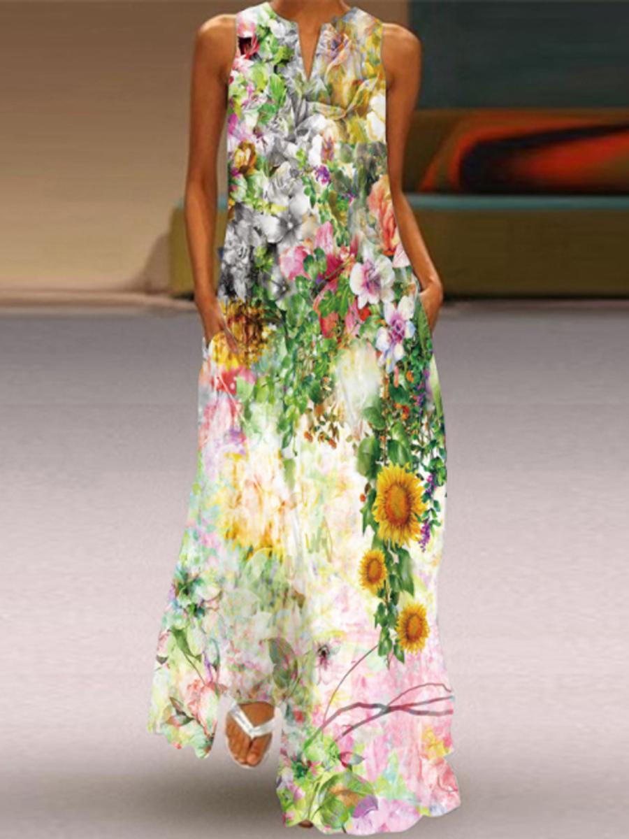 Ladies V-neck Floral Print Maxi Dress