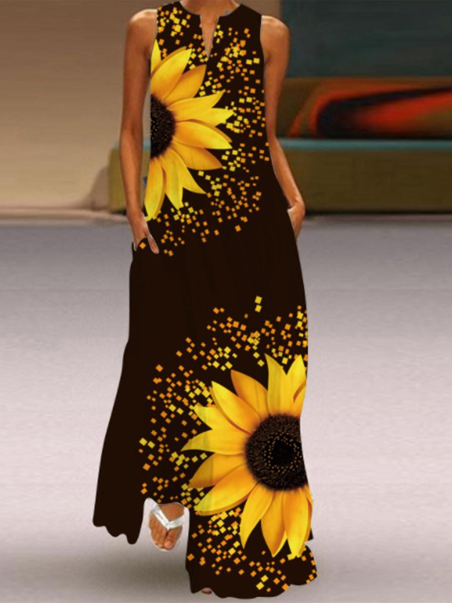 Ladies V-neck Floral Print Maxi Dress