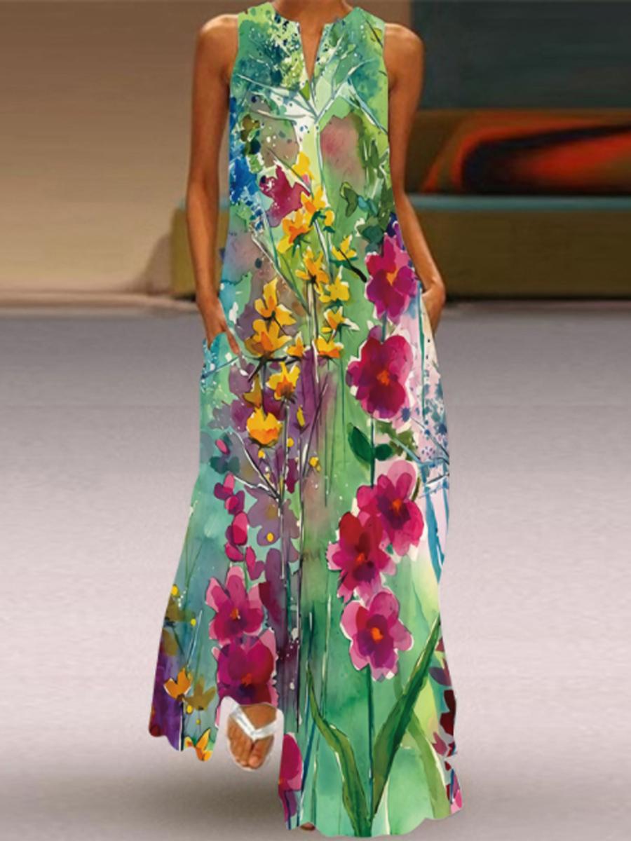 Ladies V-neck Floral Print Maxi Dress