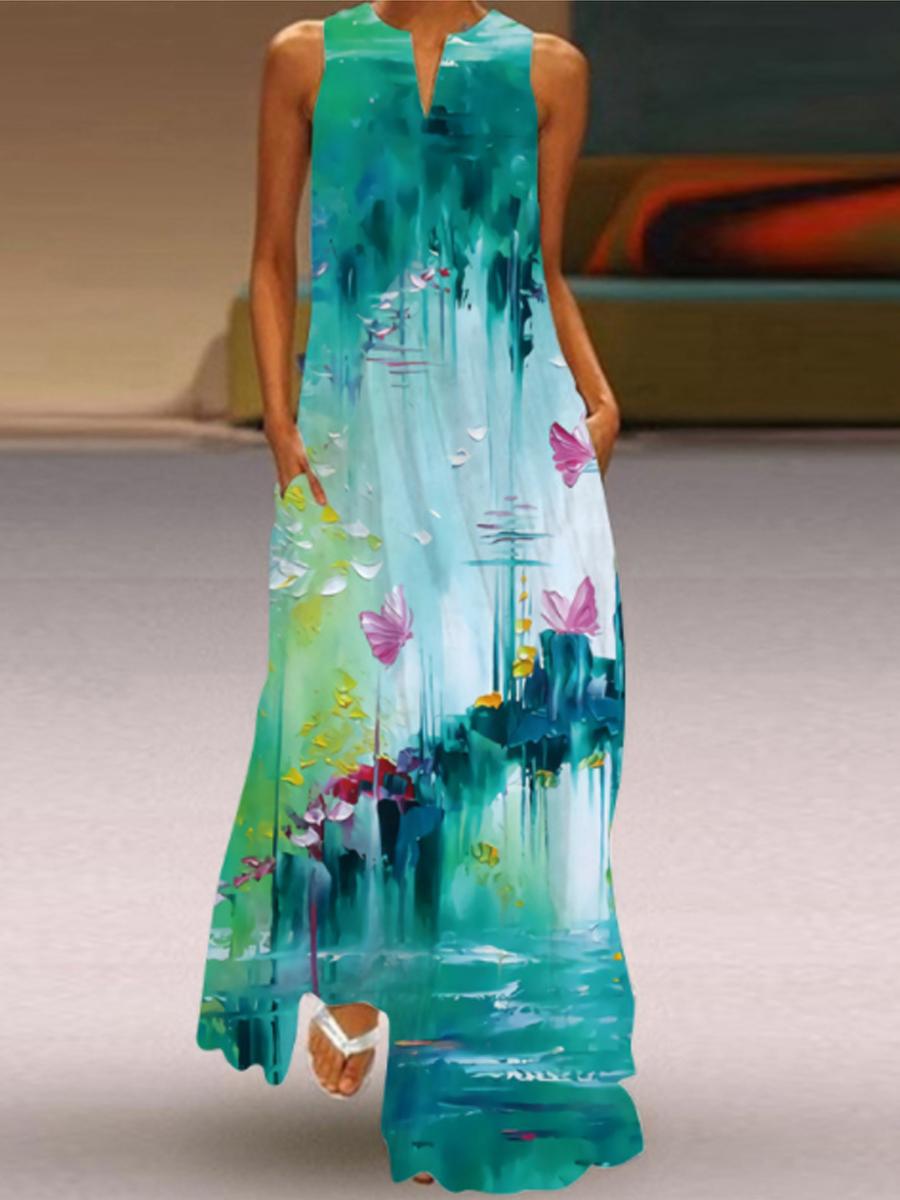 Ladies V-neck Floral Print Maxi Dress