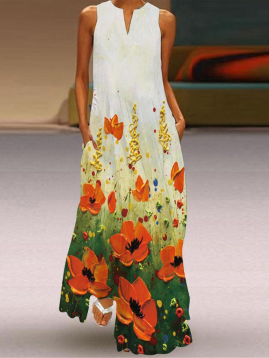 Ladies V-neck Floral Print Maxi Dress