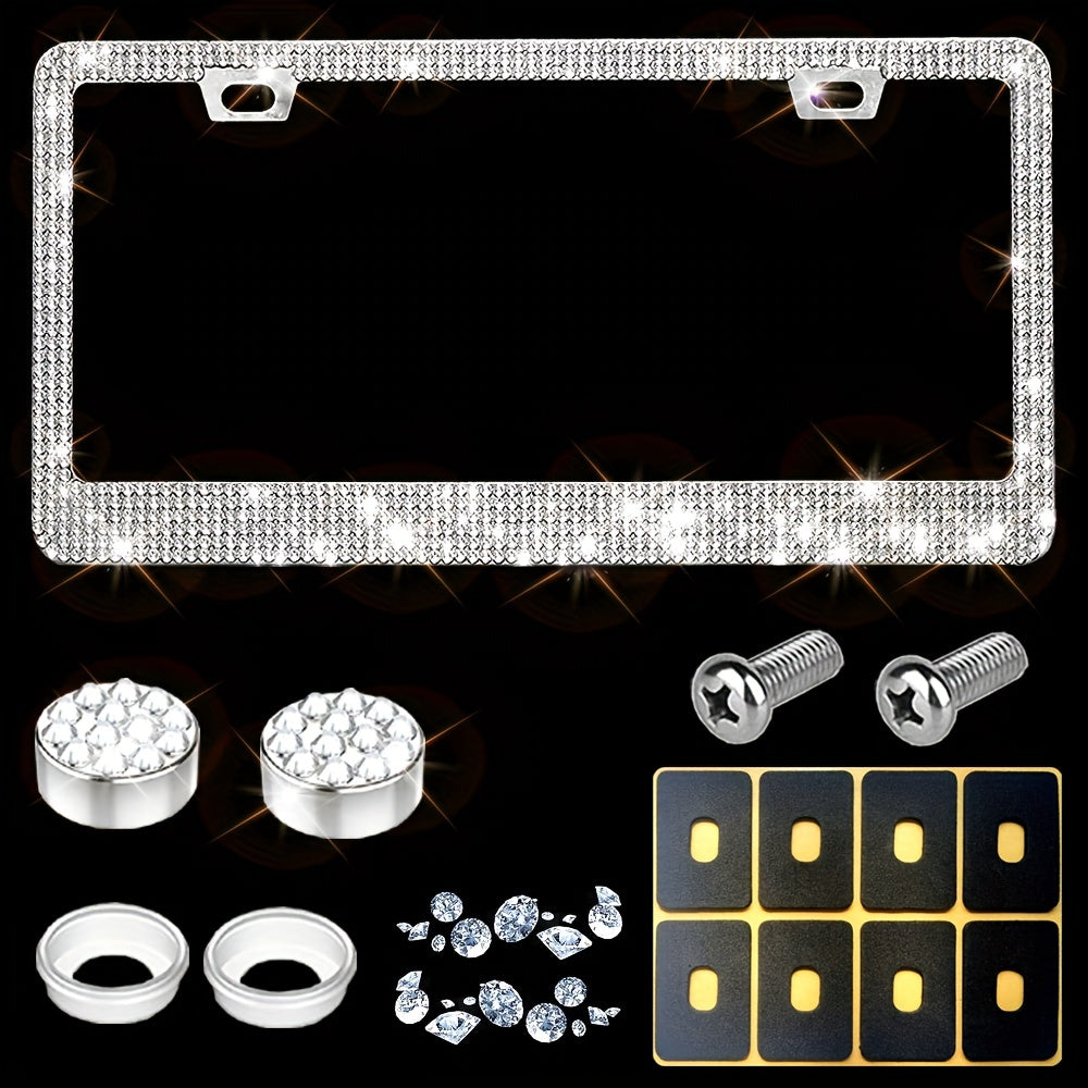 1 Pc Bling  License Plate Frames - Glass Rhinestone Car Tag Holder For Women,Metal Rhinestone Sparkly Car Plate Frame With Bolts,Bling Screws Caps
