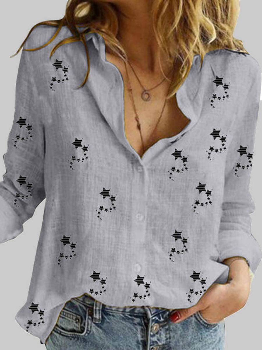 Star Print Cotton And Linen Long-sleeved Blouse