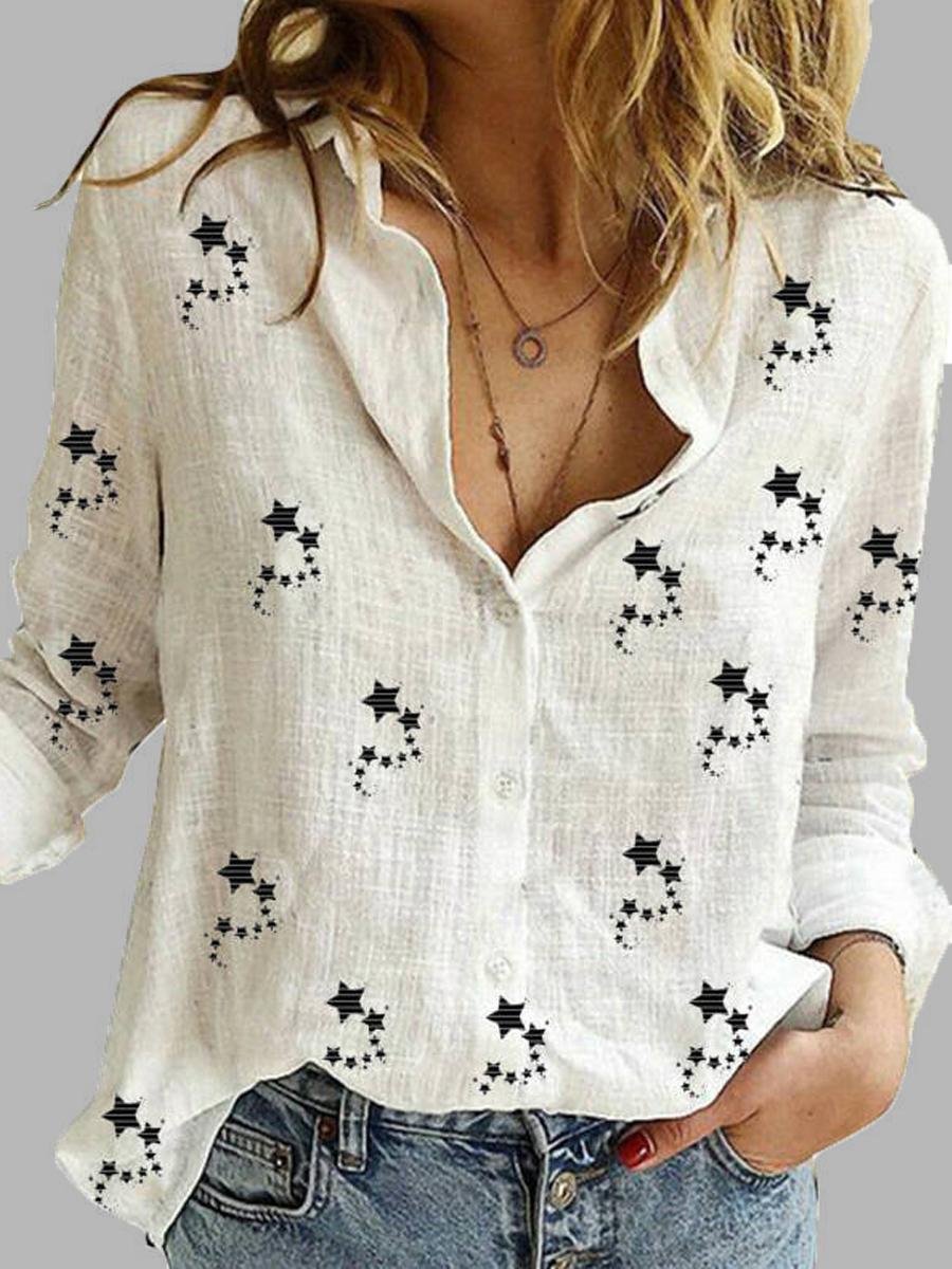 Star Print Cotton And Linen Long-sleeved Blouse