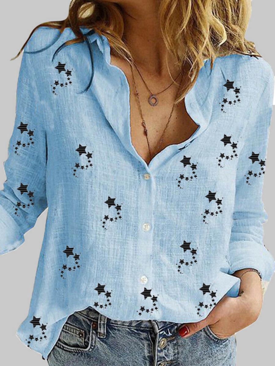 Star Print Cotton And Linen Long-sleeved Blouse