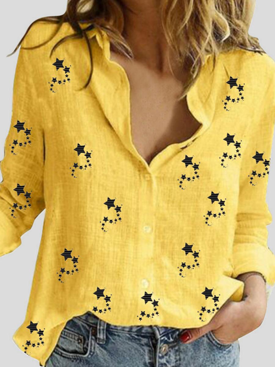 Star Print Cotton And Linen Long-sleeved Blouse