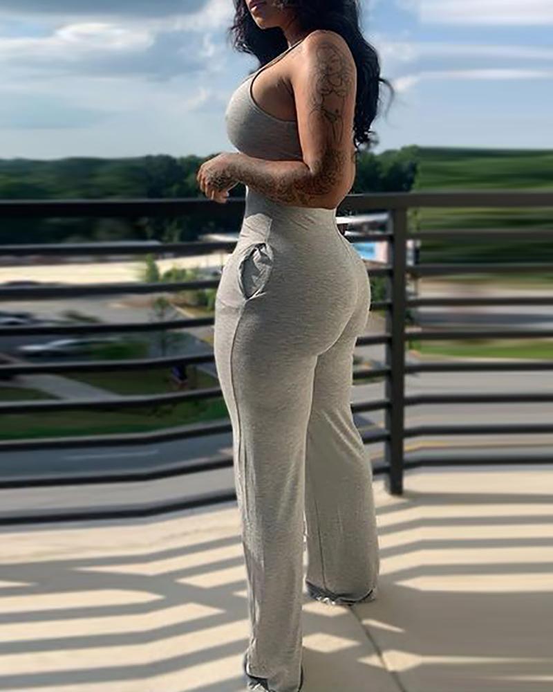 U Neck Sleeveless Pocket Design Jumpsuit