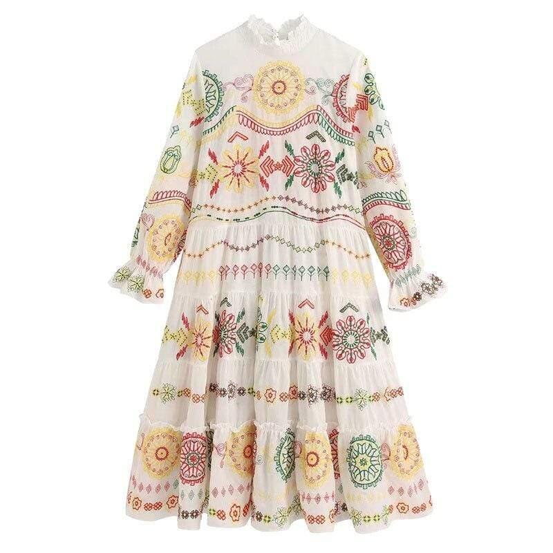 embroidered ruffled midi dress