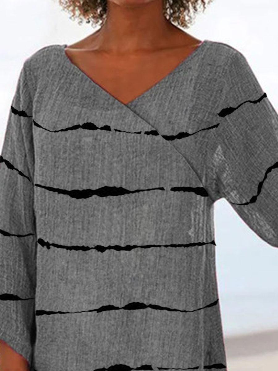 V-neck Striped Printed Loose Cotton And Linen Long-sleeved Blouse
