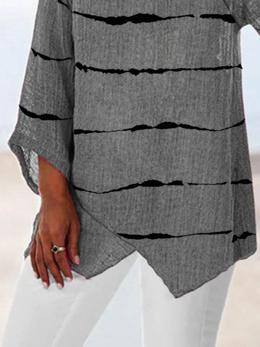 V-neck Striped Printed Loose Cotton And Linen Long-sleeved Blouse