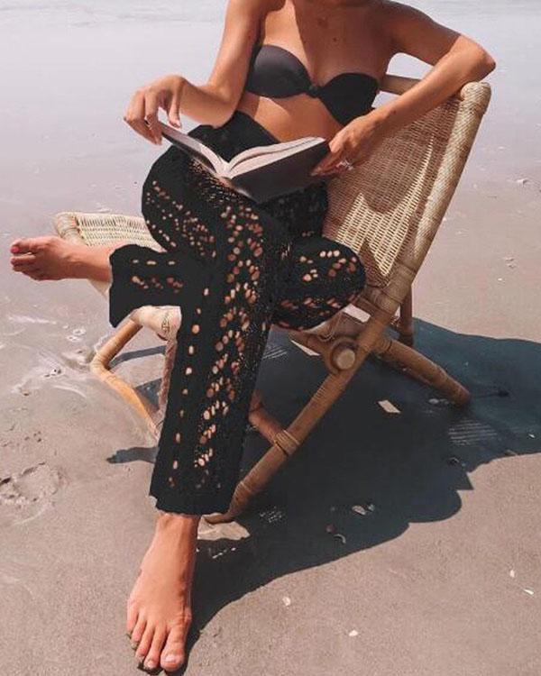 cotton crochet hollow out elastic waist beachside pants