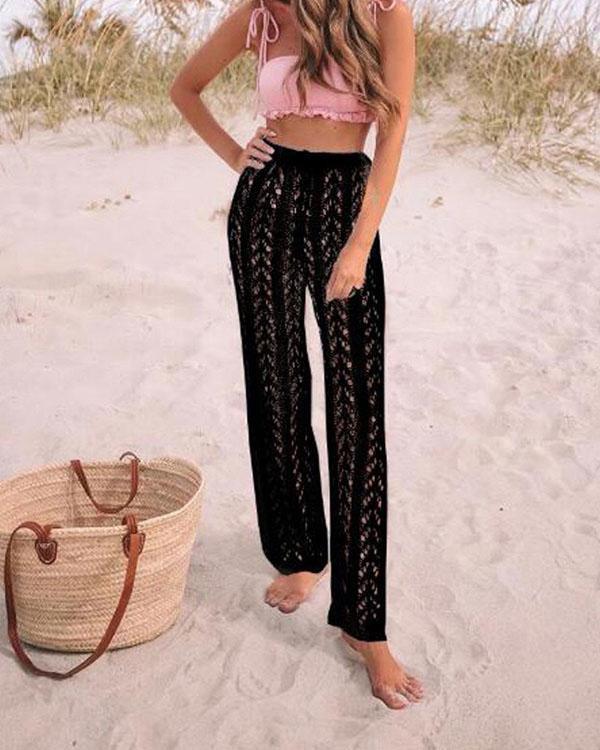 cotton crochet hollow out elastic waist beachside pants