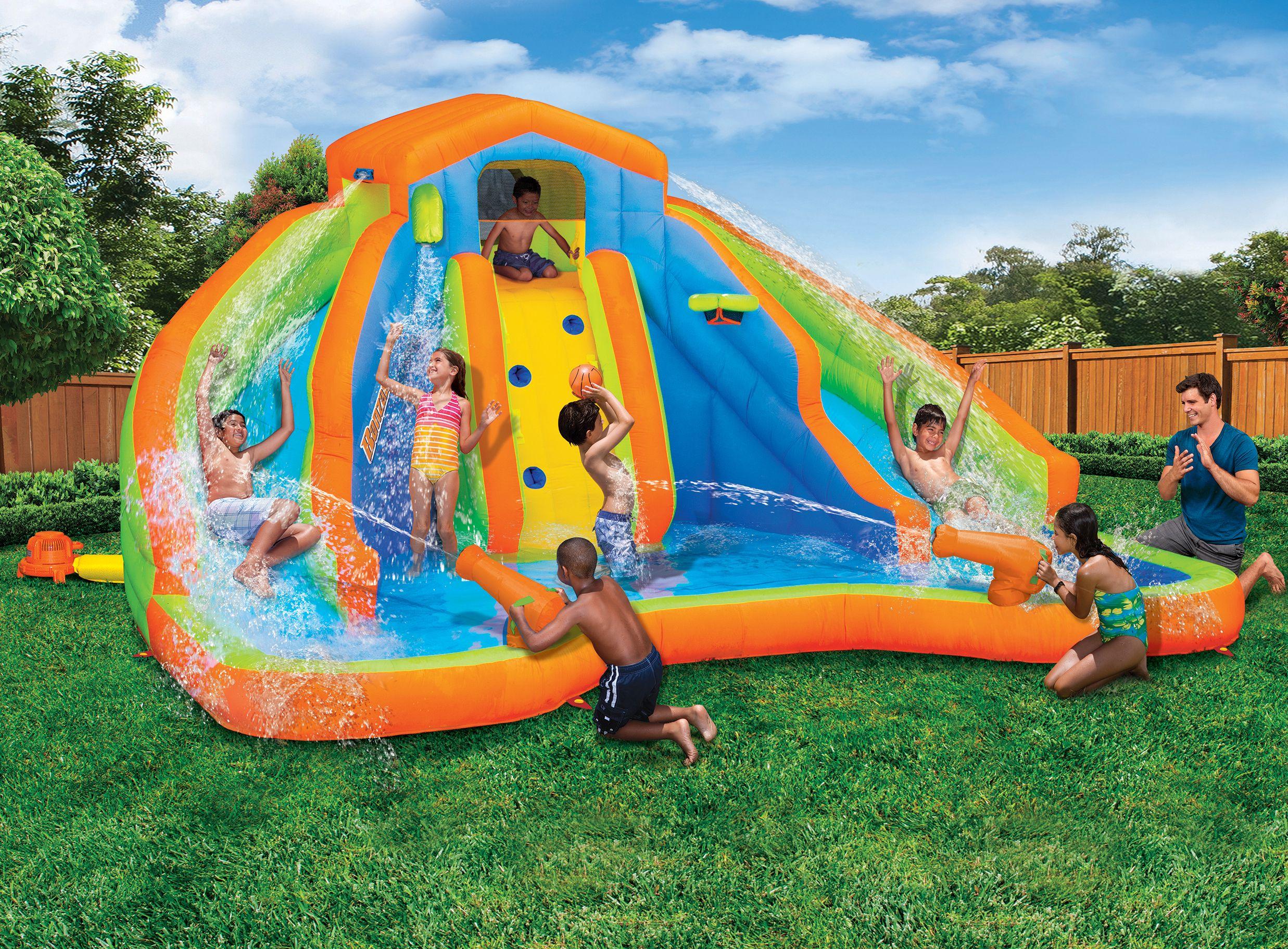 BANZAI Adventure Club Giant Inflatable Water Park Play Center - Two Water Slides &amp; Climbing Wall - Outdoor Summer Fun For Kids &amp; Families