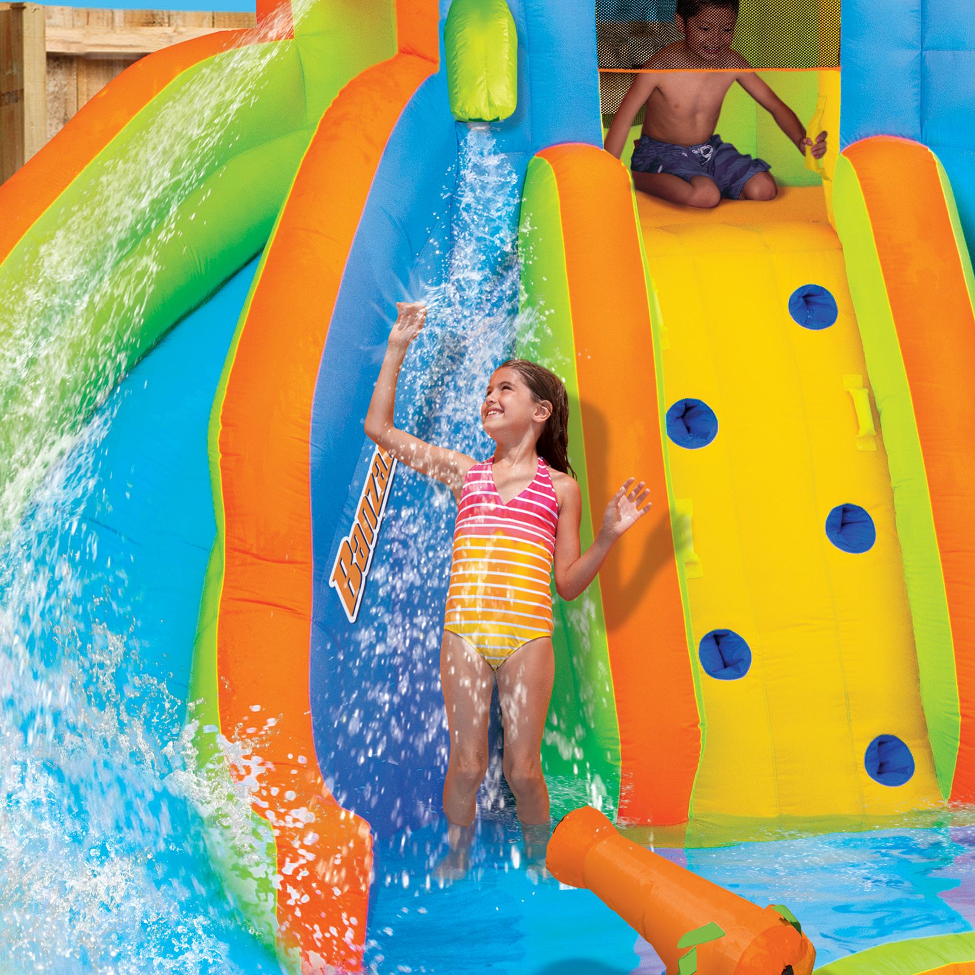 BANZAI Adventure Club Giant Inflatable Water Park Play Center - Two Water Slides &amp; Climbing Wall - Outdoor Summer Fun For Kids &amp; Families