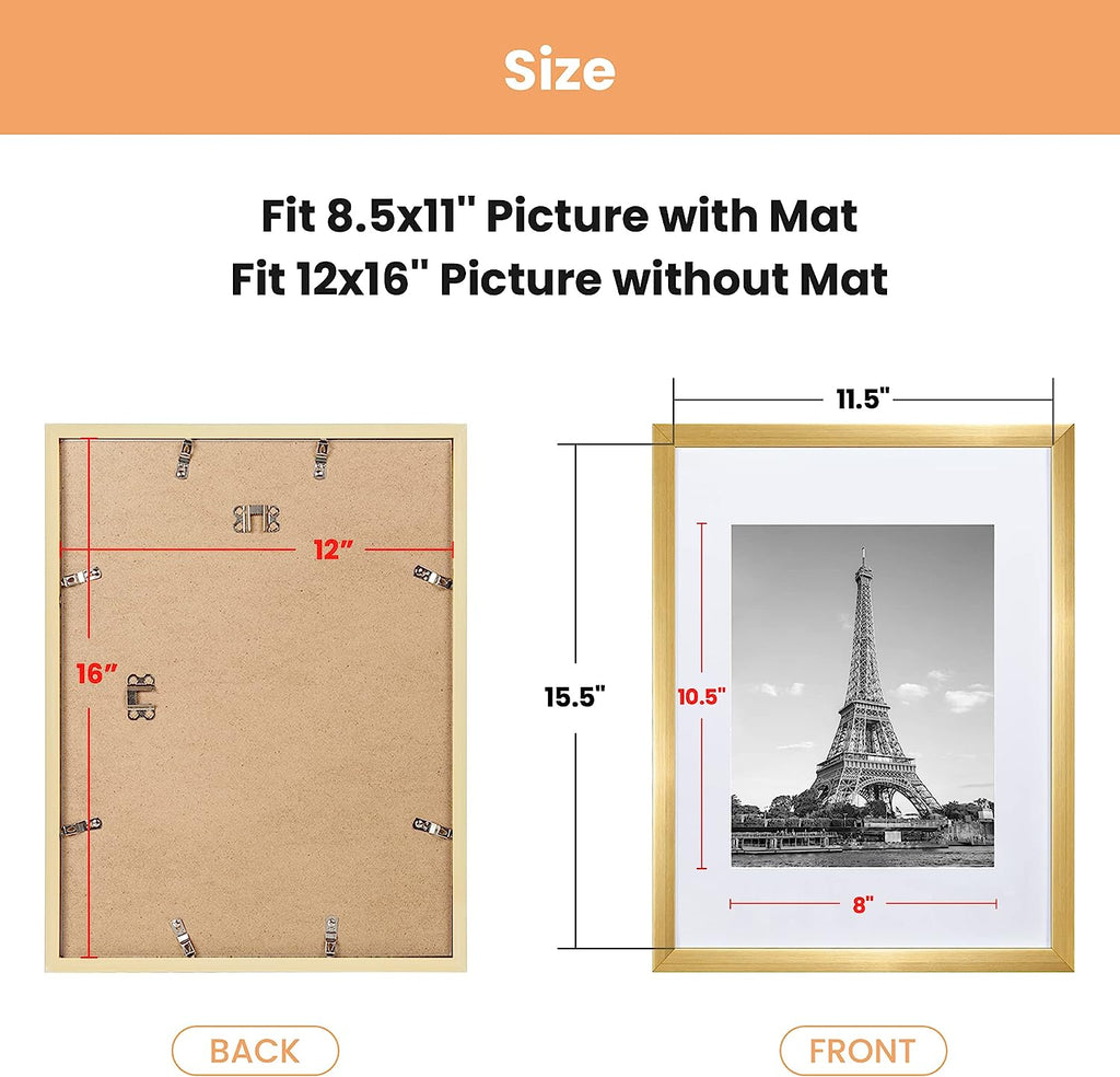 upsimples 12x16 Picture Frame Set of 5, Display Pictures 8.5x11 with Mat or 12x16 Without Mat, Wall Gallery Photo Frames,Gold