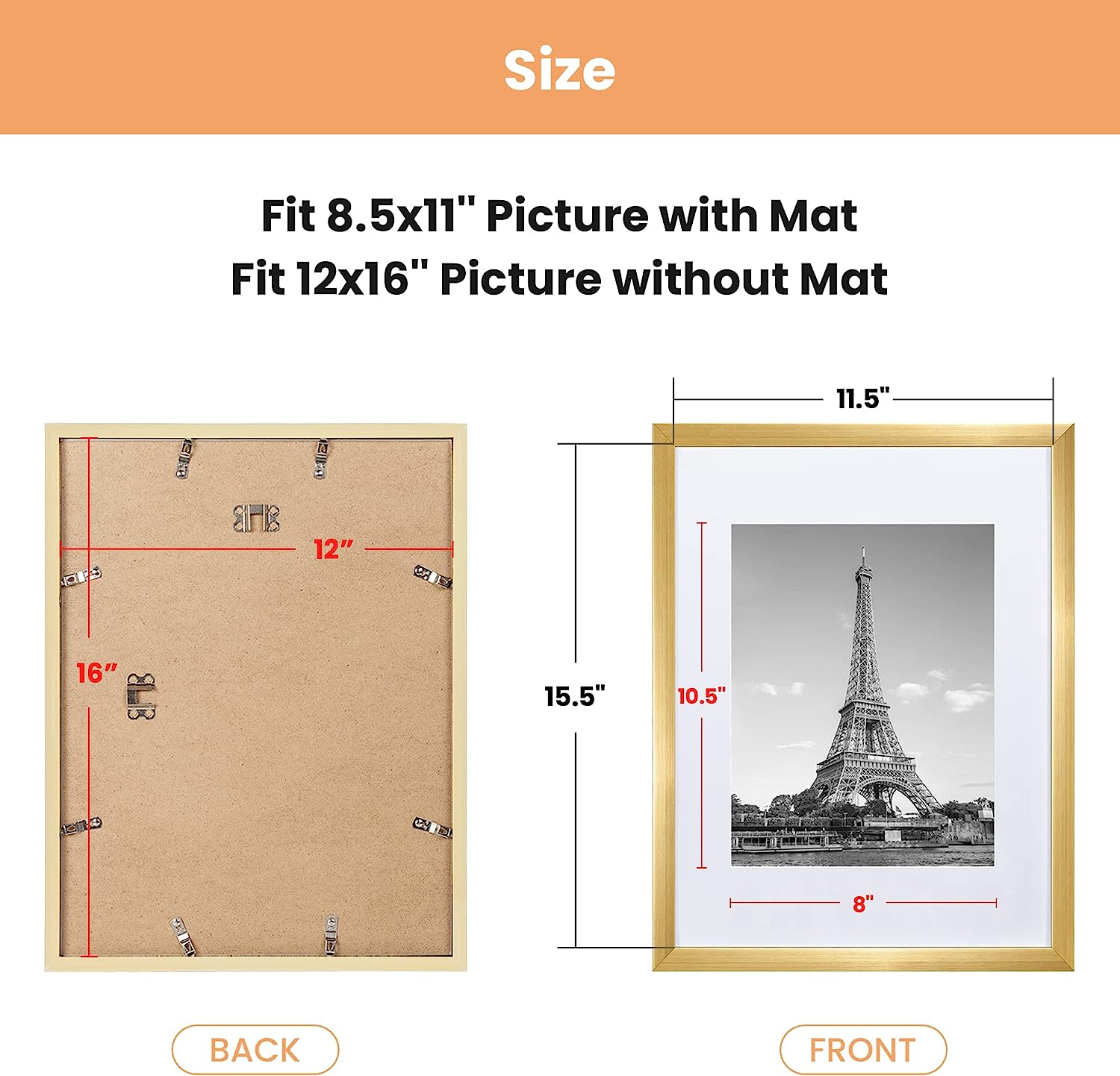 upsimples 12x16 Picture Frame Set of 5, Display Pictures 8.5x11 with Mat or 12x16 Without Mat, Wall Gallery Photo Frames,Gold