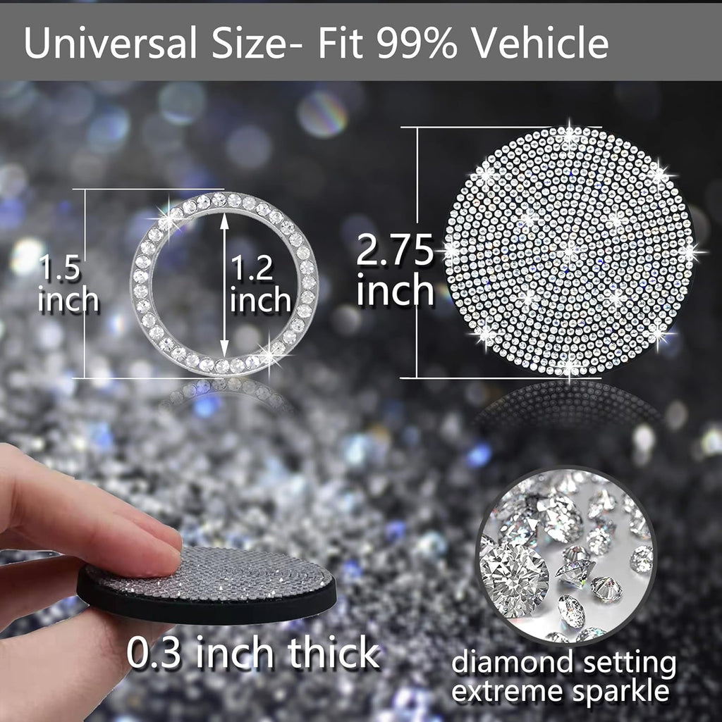2pcs Bling Car Cup Holder Coasters &amp; 2pcs Push Start Button, 2.75 inch Anti-Slip Shockproof Universal Vehicle Coasters Insert, Bling Car Interior Accessories for Women Suits for Most Cars (White)