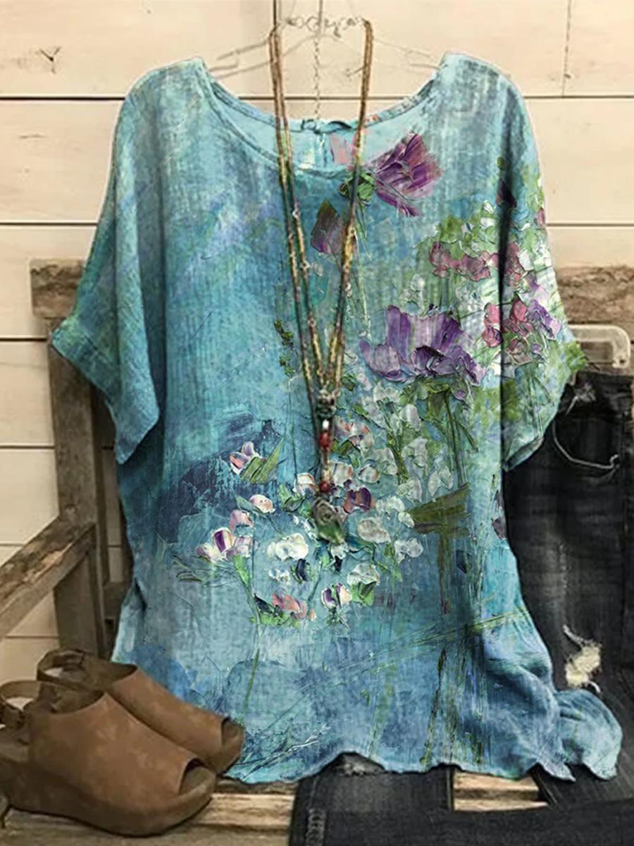 Ladies Round Neck Print Short Sleeve Blouse