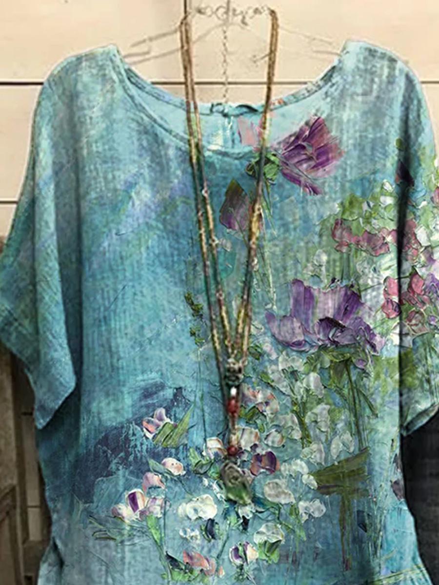 Ladies Round Neck Print Short Sleeve Blouse