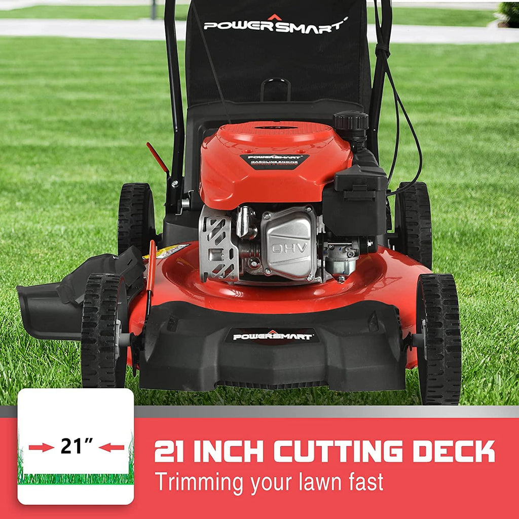 PowerSmart Gas Lawn Mower DB2321PR, 21 in. 144cc Gas Powered Walk Behind Push Lawn Mower, 3-in-1 with Bag, 5 Cutting Height Adjustable, Oil Not Included