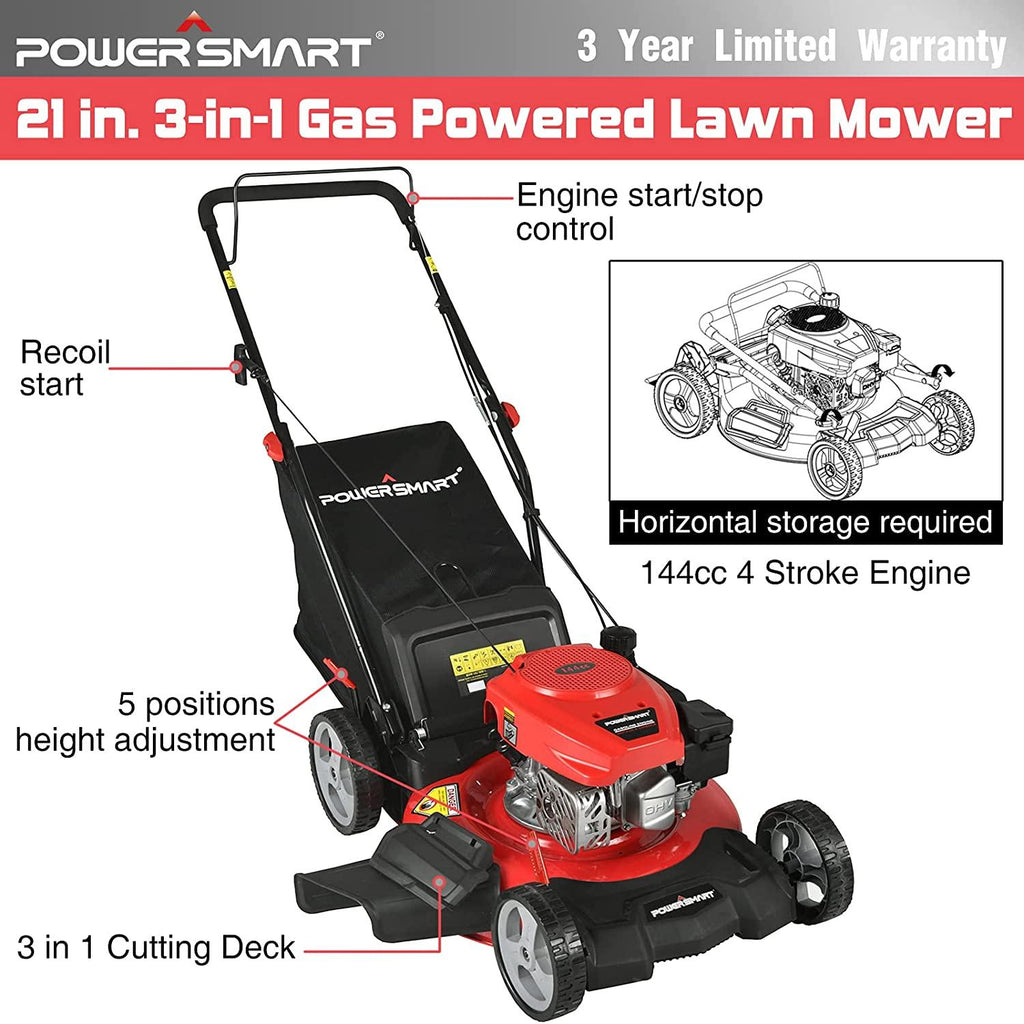 PowerSmart Gas Lawn Mower DB2321PR, 21 in. 144cc Gas Powered Walk Behind Push Lawn Mower, 3-in-1 with Bag, 5 Cutting Height Adjustable, Oil Not Included