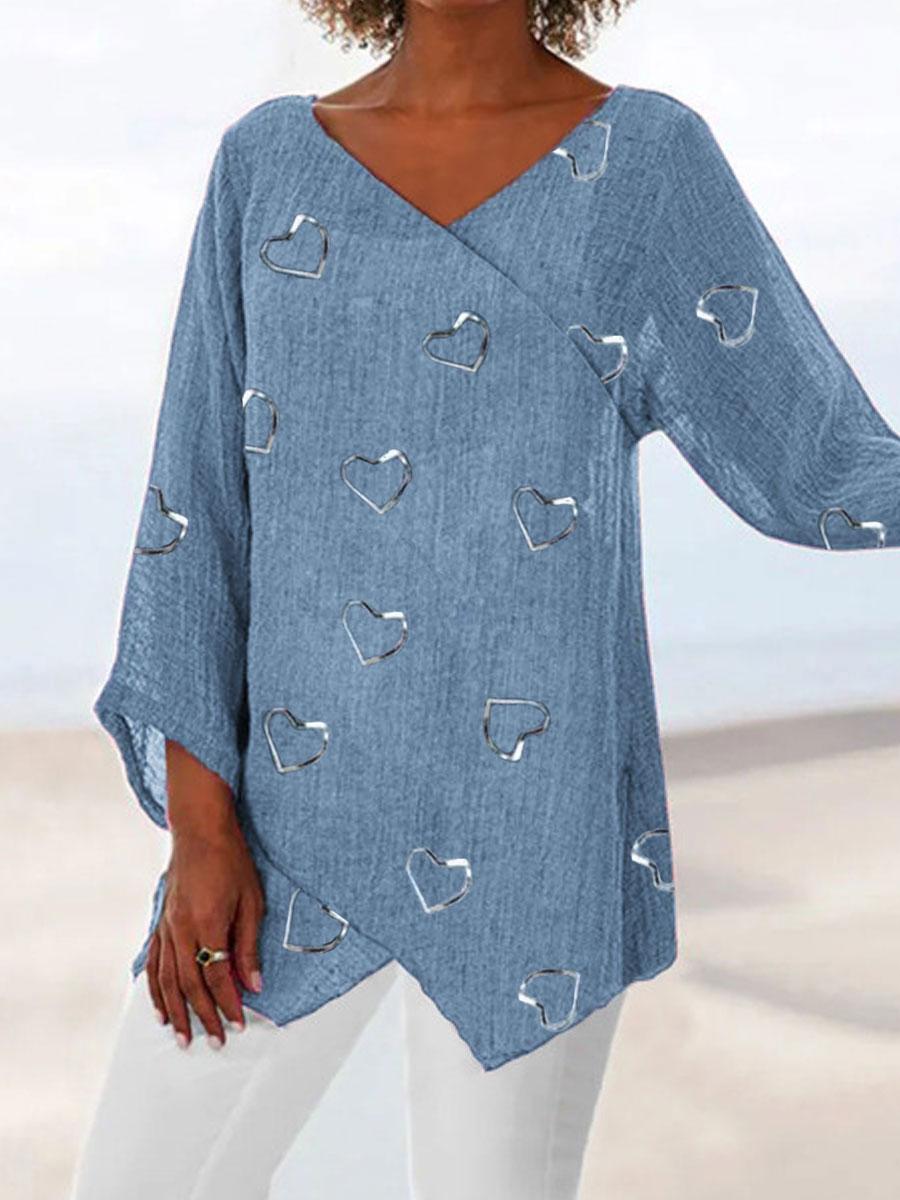 V-neck Love Print Loose Long-sleeved Fashion Blouse