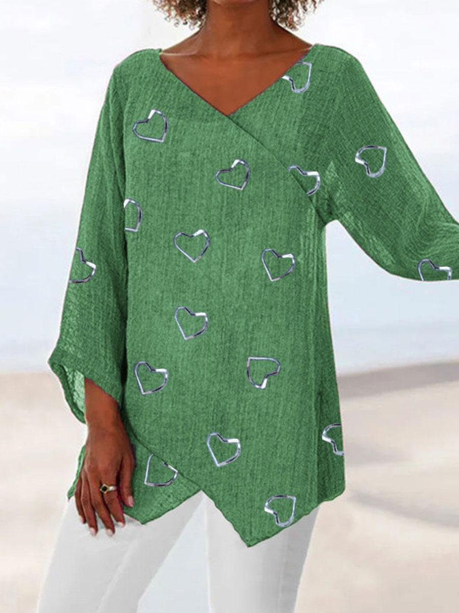 V-neck Love Print Loose Long-sleeved Fashion Blouse