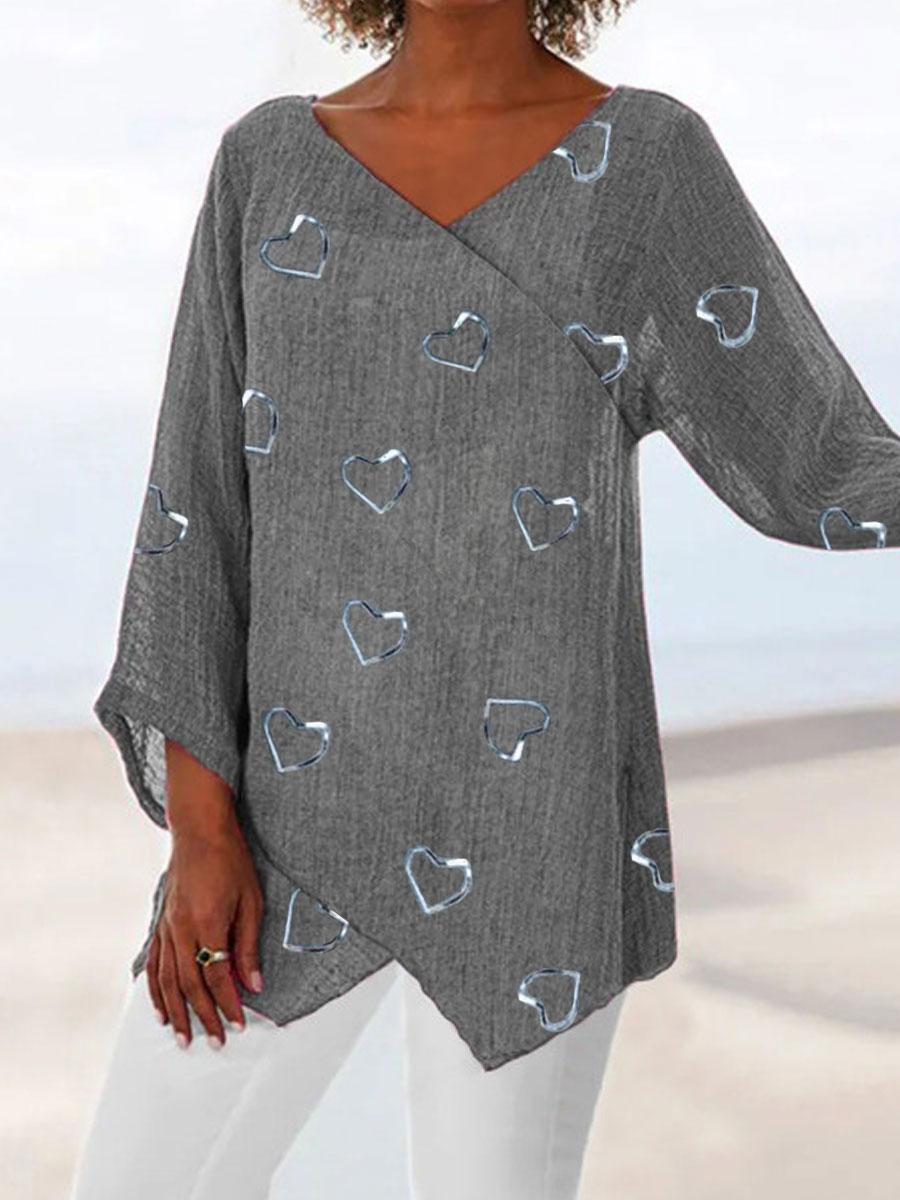 V-neck Love Print Loose Long-sleeved Fashion Blouse