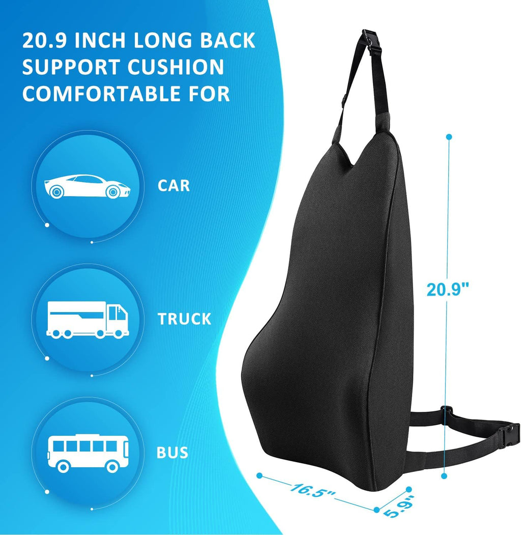 Lumbar Support Pillow for Car-Memory Foam Car Back Support for Driving Fatigue/Back Pain Relief - Dual Straps Better Fix The Back Support for Car - Black