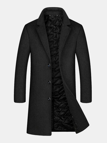 mens woolen pure color button up business casual mid-length overcoats