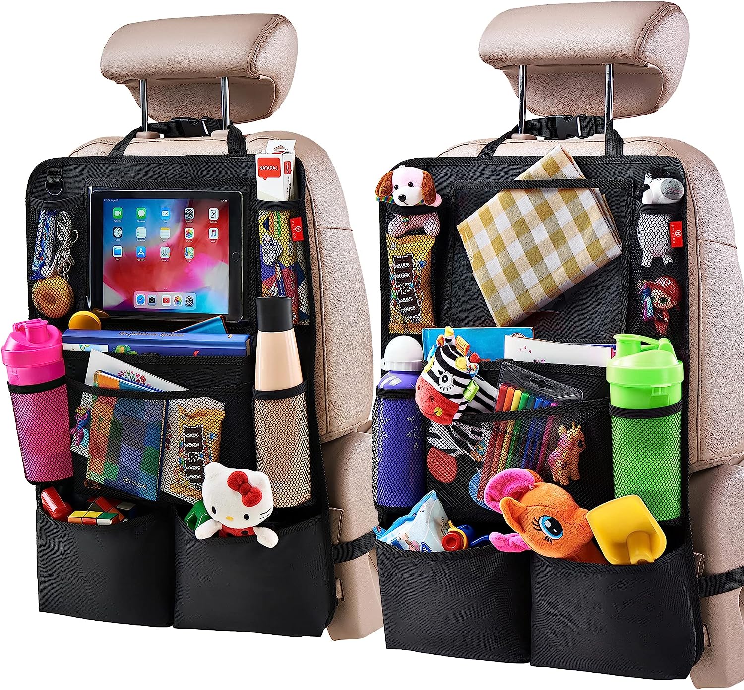 Helteko Backseat Car Organizer, Kick Mats Back Seat Protector with Touch Screen Tablet Holder, Car Back Seat Organizer for Kids, Car Travel Accessories, Kick Mat with 9 Storage Pockets 2 Pack, Black