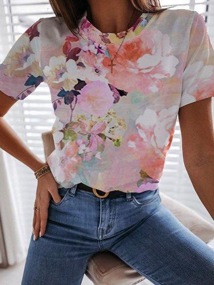 Casual Flower Print Short-Sleeved T-Shirt