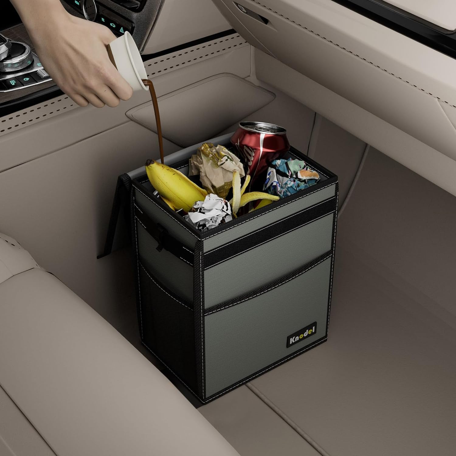 K KNODEL Car Trash Can, Waterproof Car Garbage Can, Trash Bag with Lid, Leak-Proof, Hanging (Medium, Gray)