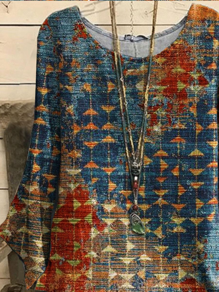 Round Neck Geometric Print Casual Loose Long Sleeve Blouse