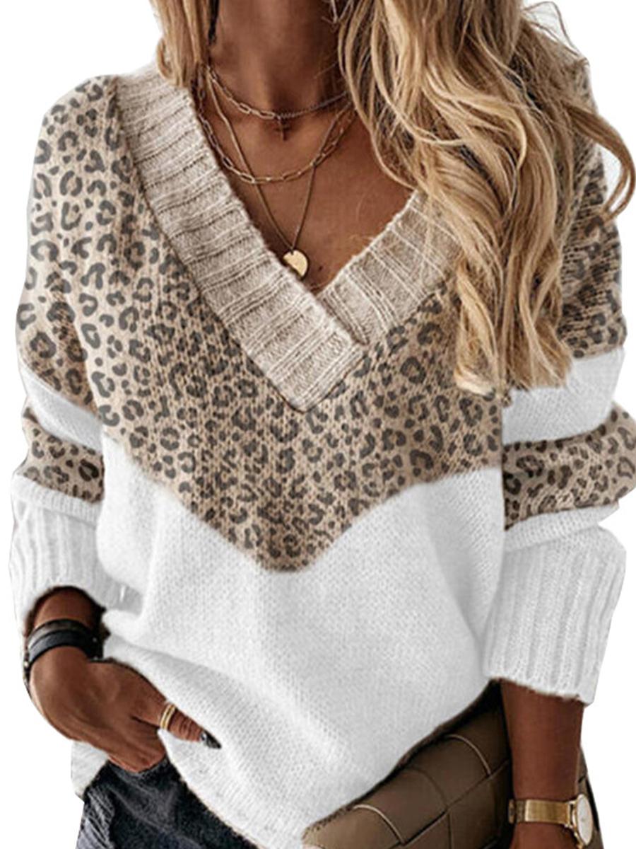 Autumn/winter V-neck Color-blocking Leopard-print Knit Pullo