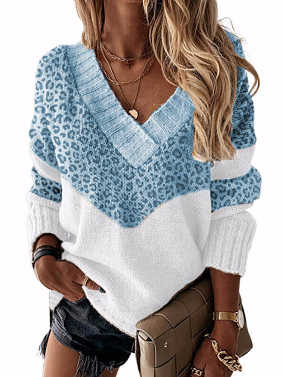 Autumn/winter V-neck Color-blocking Leopard-print Knit Pullo