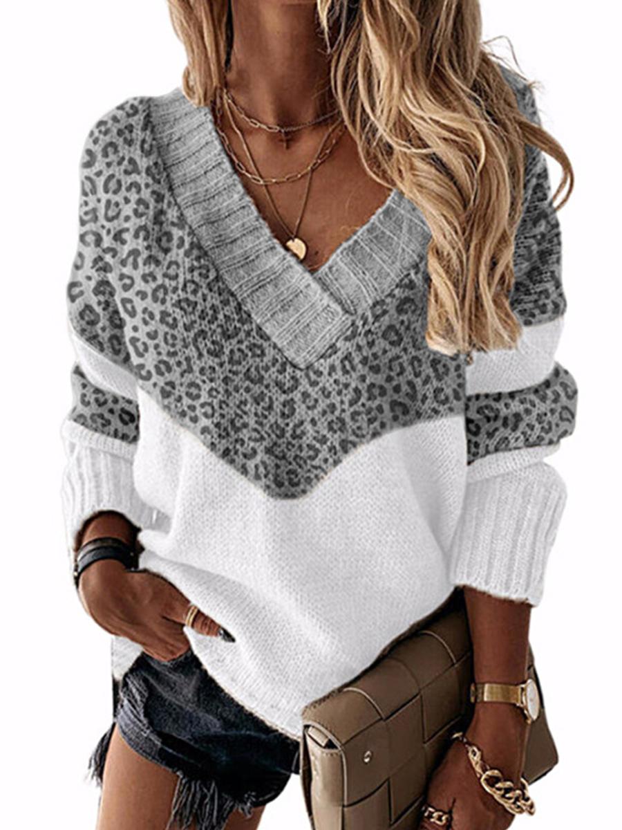 Autumn/winter V-neck Color-blocking Leopard-print Knit Pullo
