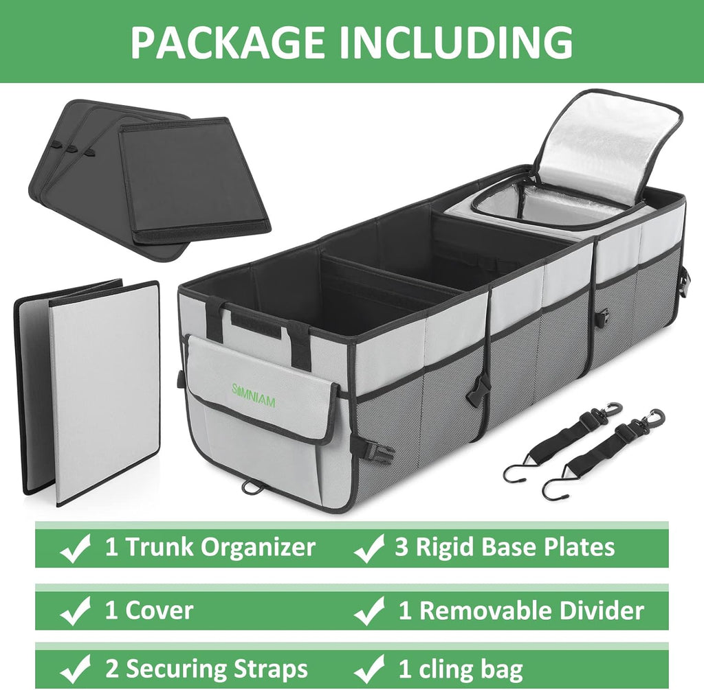 Simniam Car Trunk Organizer with Insulated Grocery Bag- 92L High Capacity Car Storage Box, with 4 Compartments, Reflective Strip, Cover, for Auto, SUV, Truck, Minivan