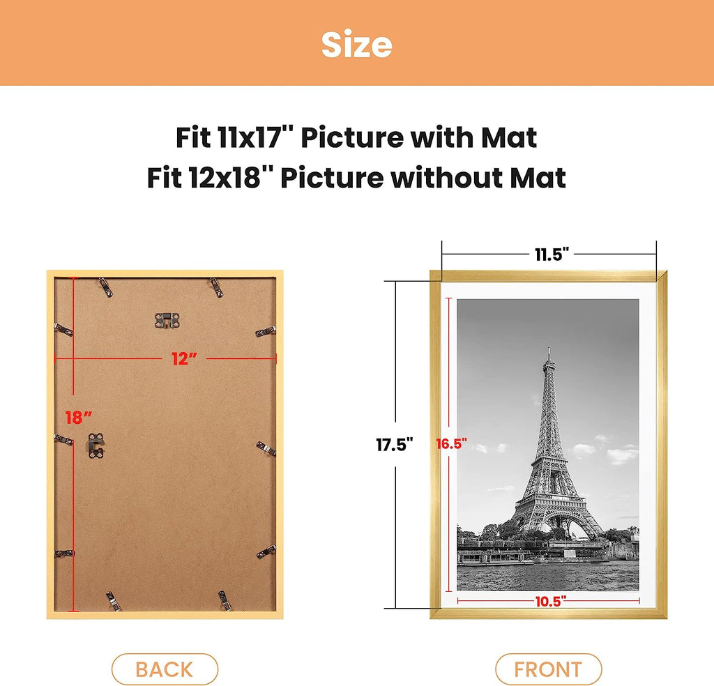 upsimples 12x18 Picture Frame Set of 5,Display Pictures 11x17 with Mat or 12x18 Without Mat, Wall Gallery Photo Frames,Gold