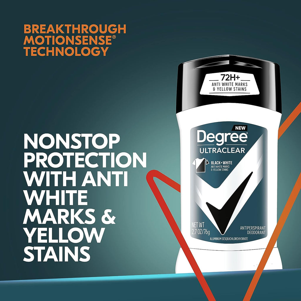 Degree Men UltraClear Antiperspirant Deodorant Black + White 4 count 72-Hour Sweat &amp; Odor Protection Antiperspirant For Men With MotionSense Technology 2.70 Ounce (Pack of 4)