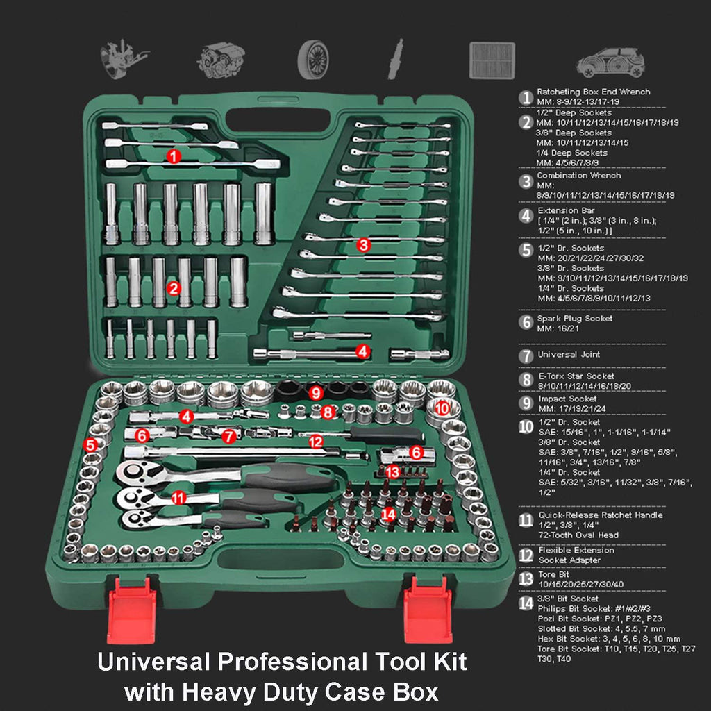 150-Piece SAE/Metric Mechanics Tool Set Professional Automotive Automobile Repairing Tool Set Auto Reparing Vehicle Maintenance Tool Kits
