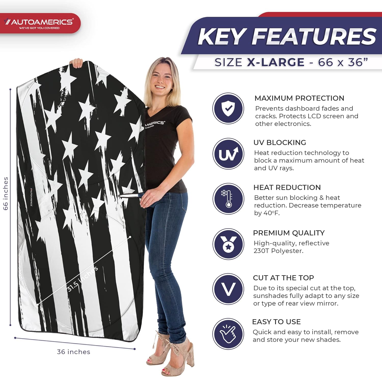 Autoamerics 1-Piece Windshield Sun Shade B&amp;W Art American Flag USA  - Foldable Car Front Window Sunshade for Most Sedans SUV Truck - Blocks Max UV Rays and Keeps Your Vehicle Cool - X-Large