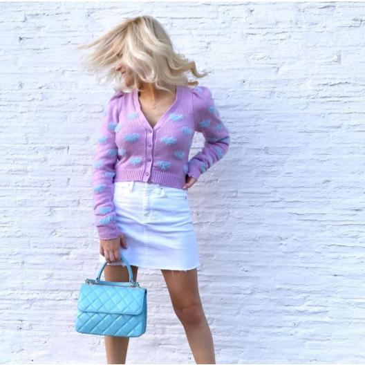 knitted contrast shagy heart puff sleeve sweater