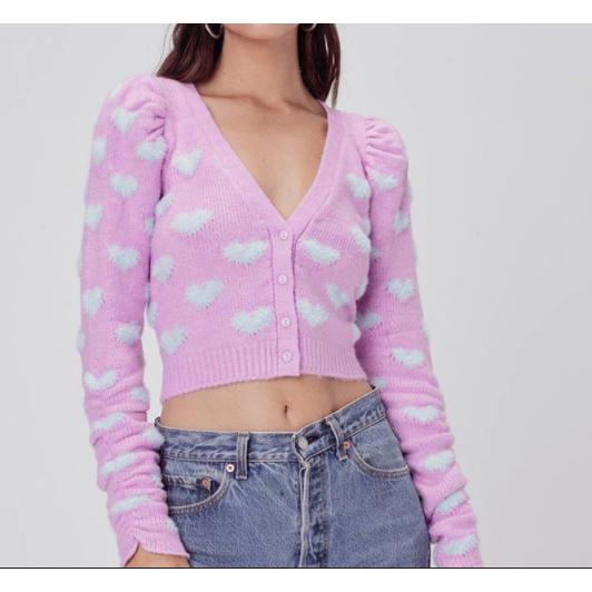 knitted contrast shagy heart puff sleeve sweater