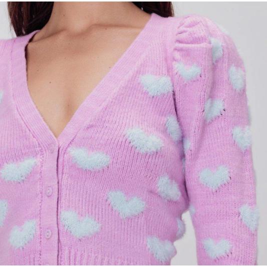 knitted contrast shagy heart puff sleeve sweater